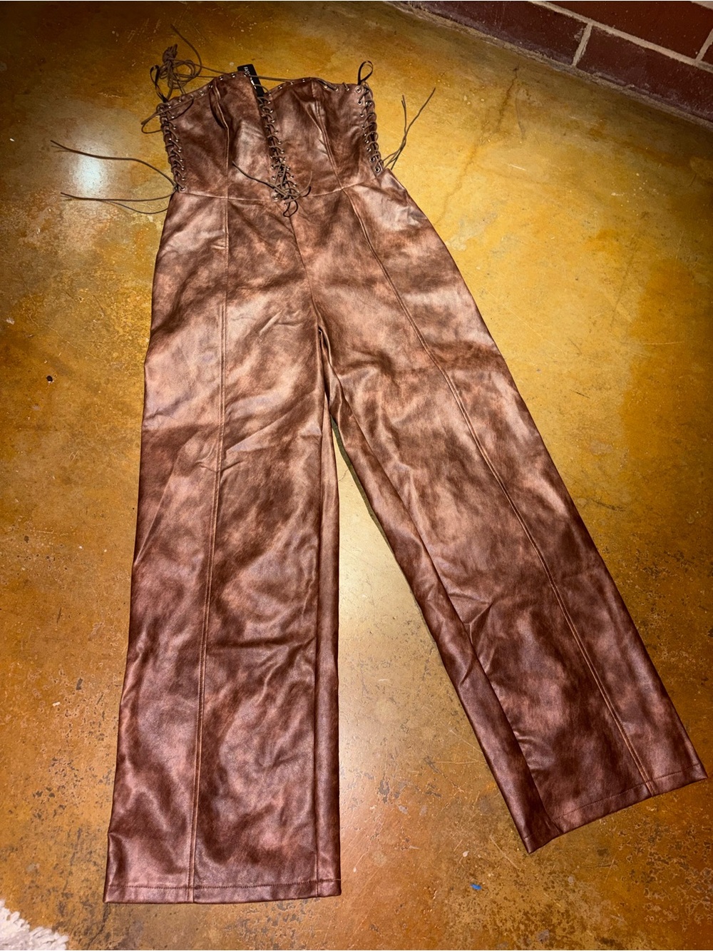 Fashion Nova Brown Faux Leather Lace-Up Wide-Leg Jumpsuit